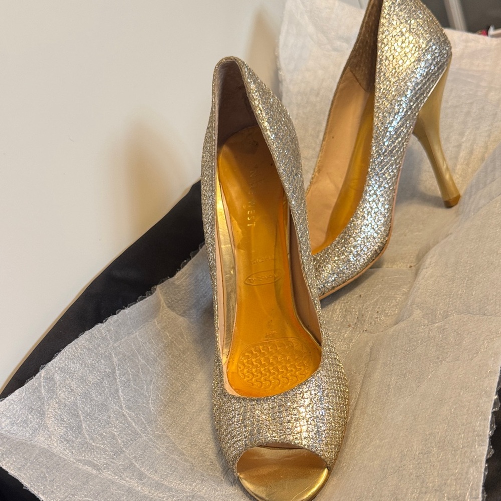 Nine West Shimmering Silver Peep-Toe Heels